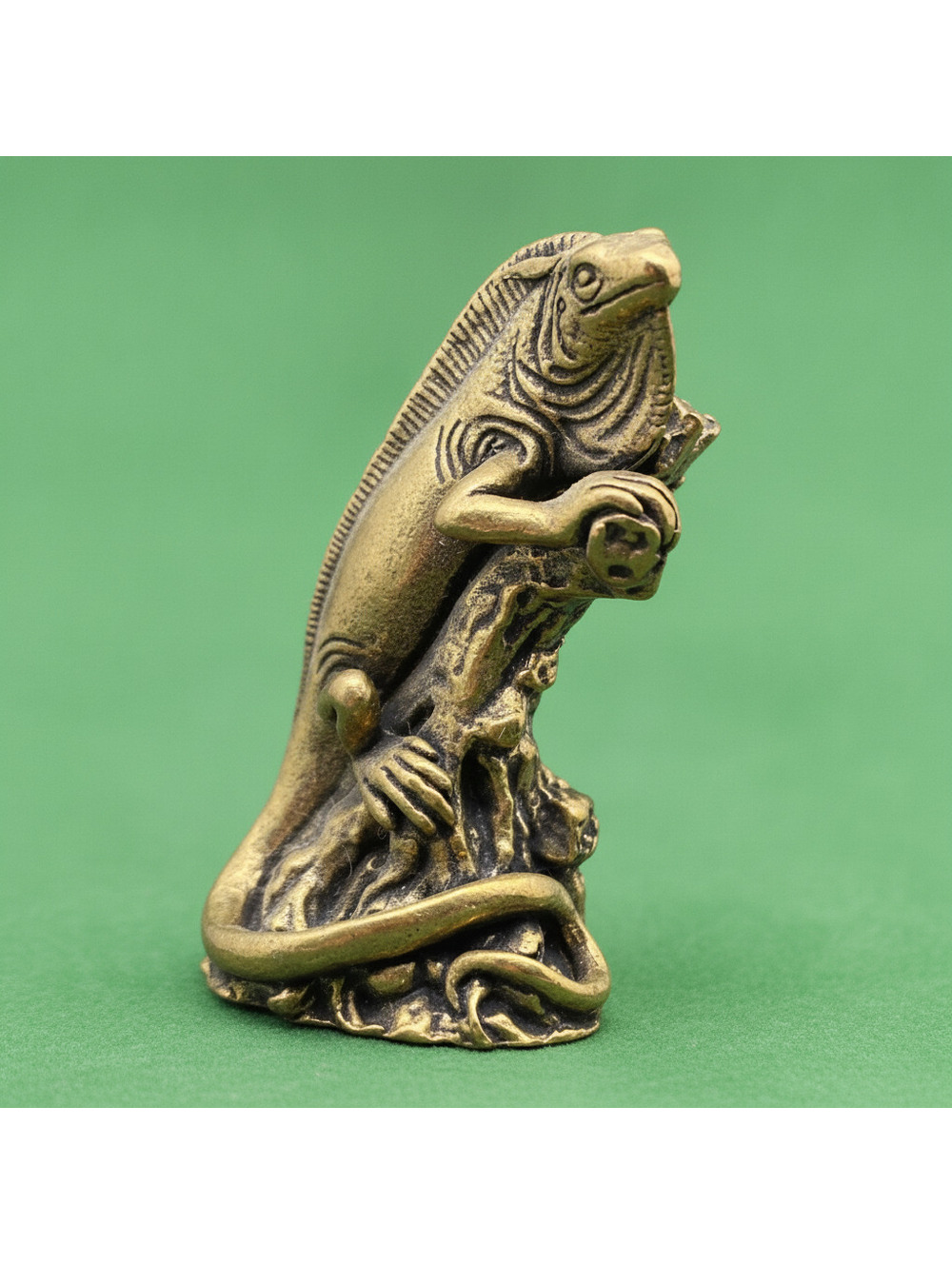 Brass Iguana Figurine Sculpture on Tree Stump
